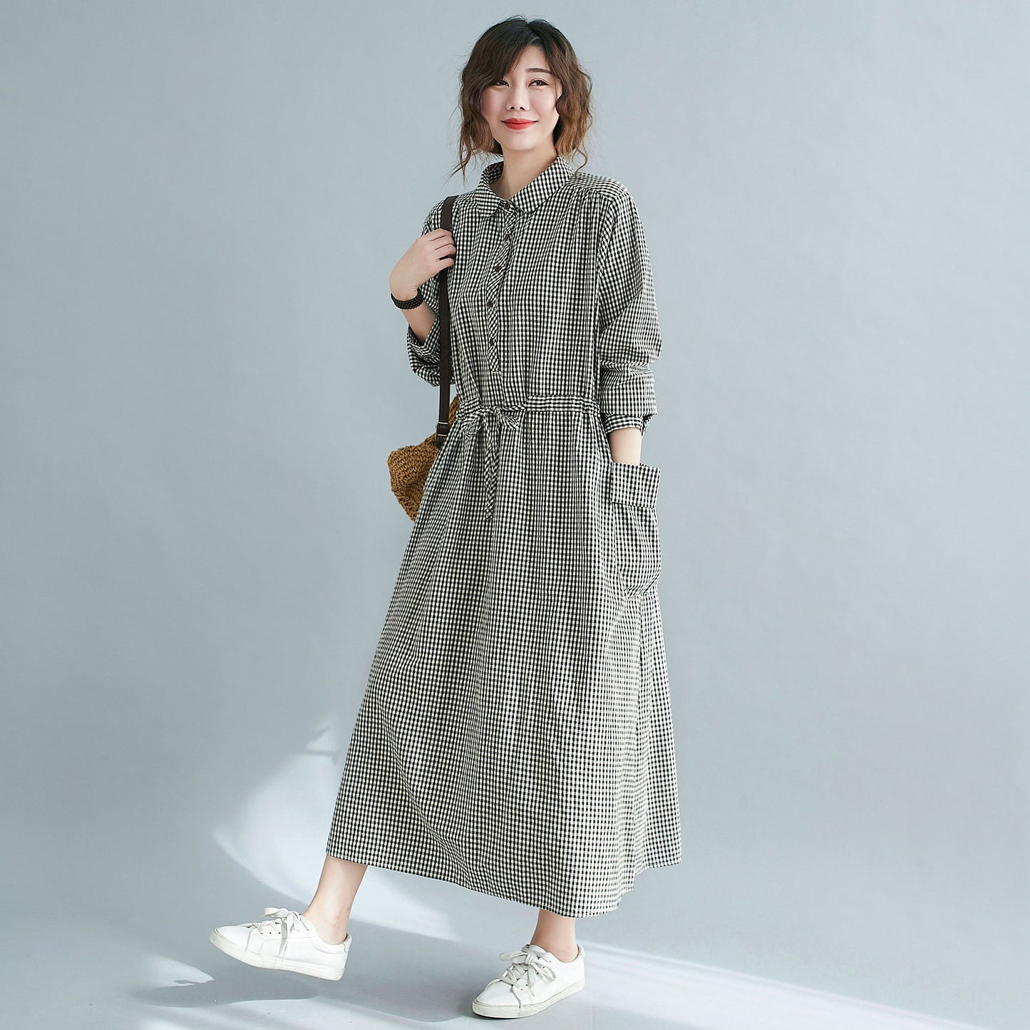 Plaid Midi Front Button Linen Shirt Dress with Pockets C211202