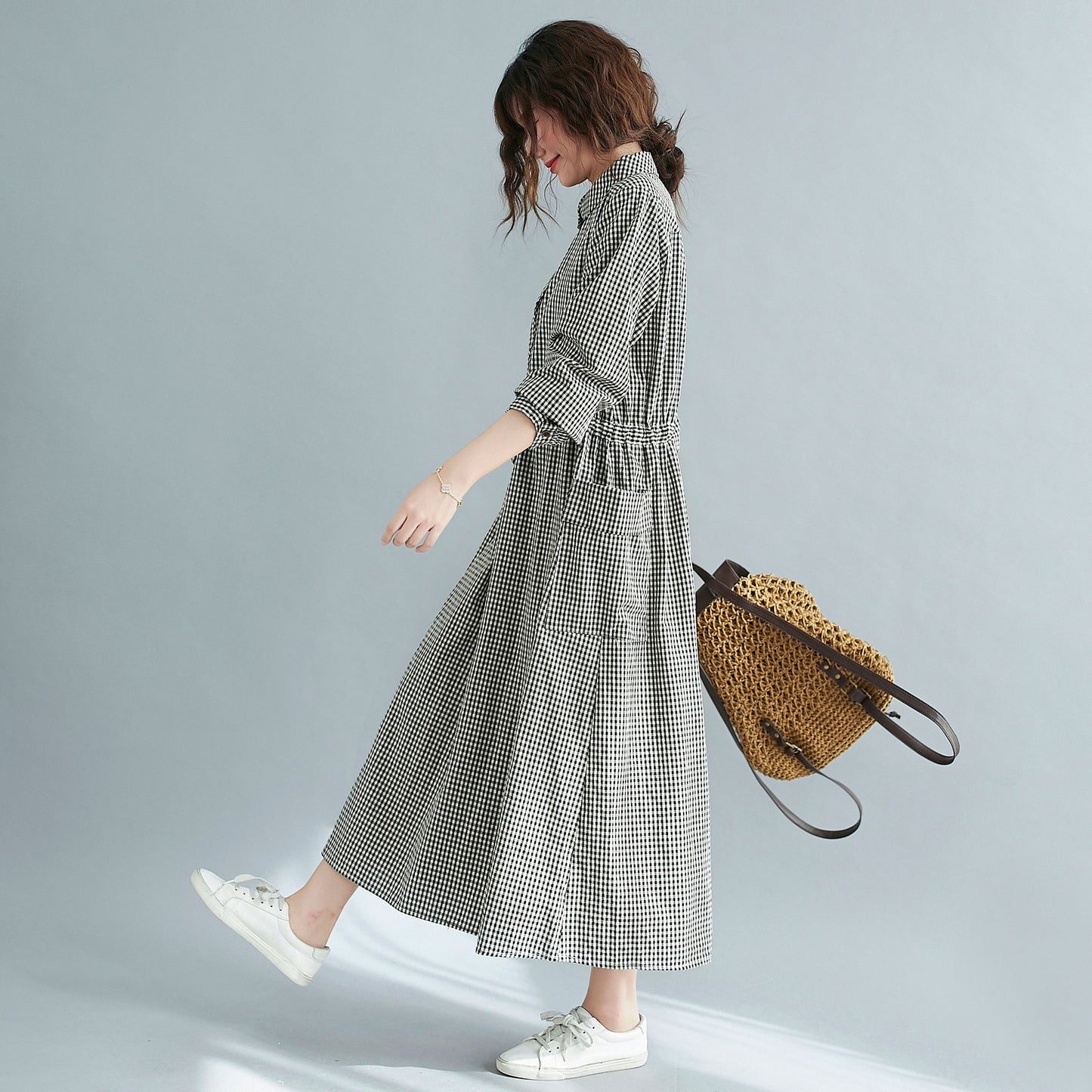 Plaid Midi Front Button Linen Shirt Dress with Pockets C211202