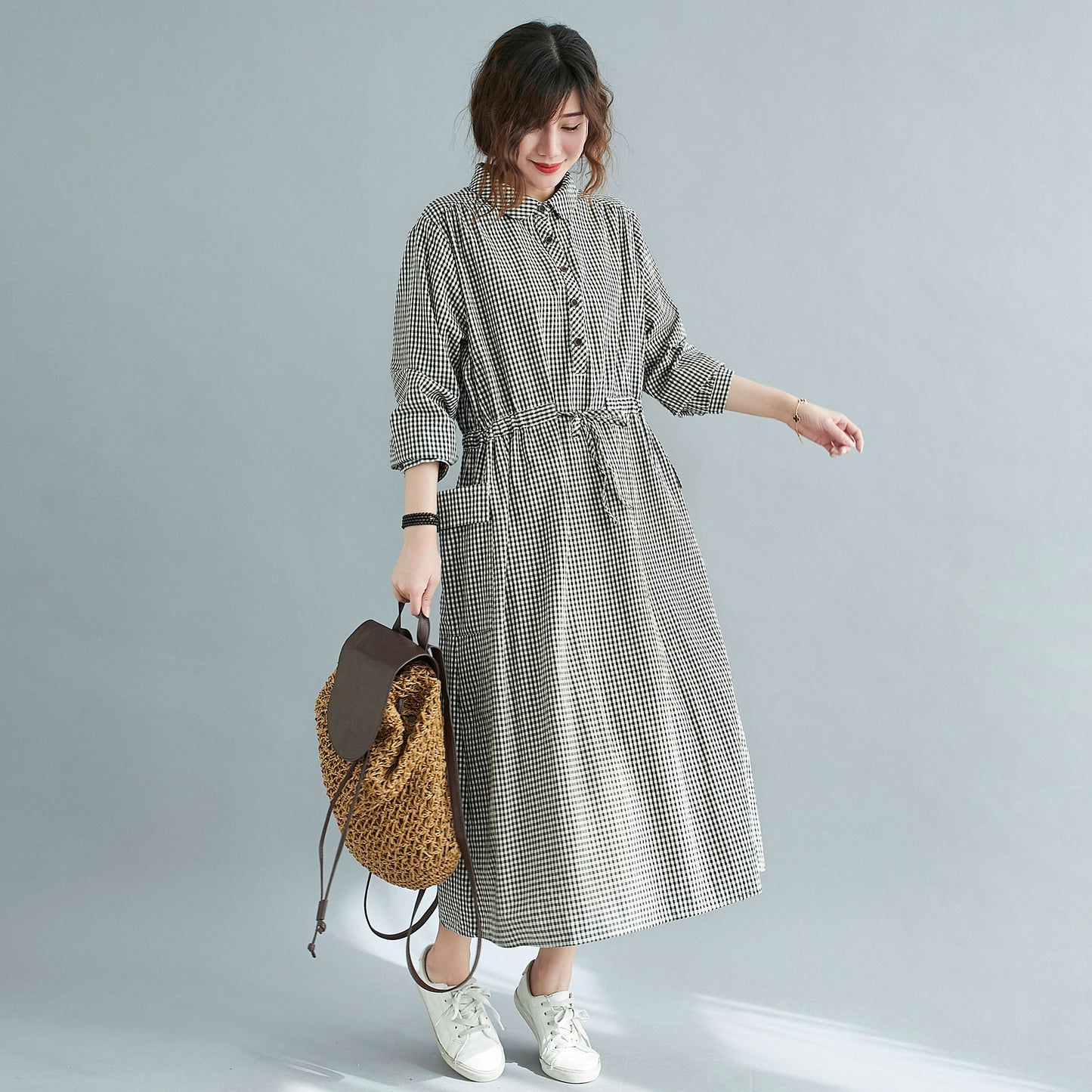 Plaid Midi Front Button Linen Shirt Dress with Pockets C211202