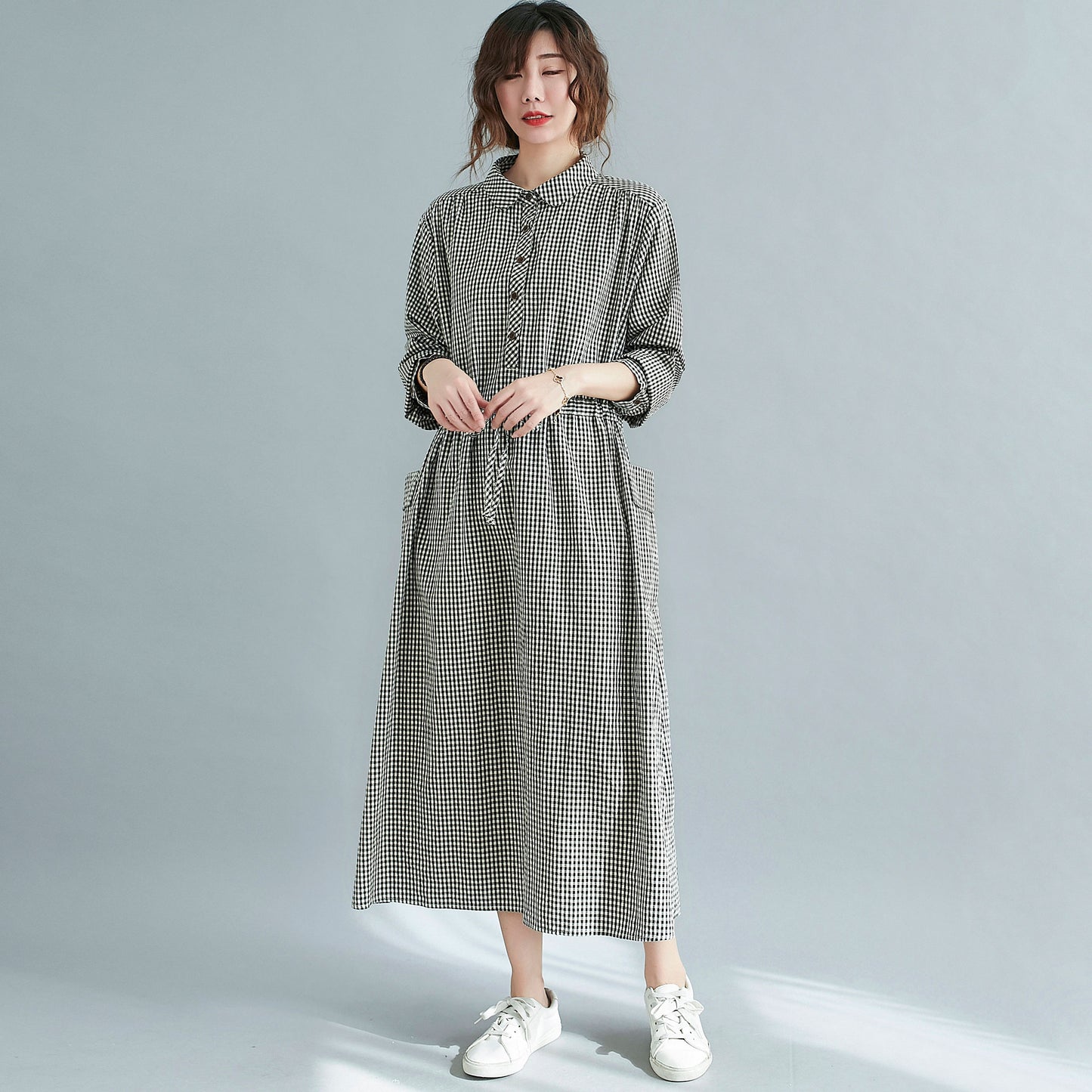 Plaid Midi Front Button Linen Shirt Dress with Pockets C211202