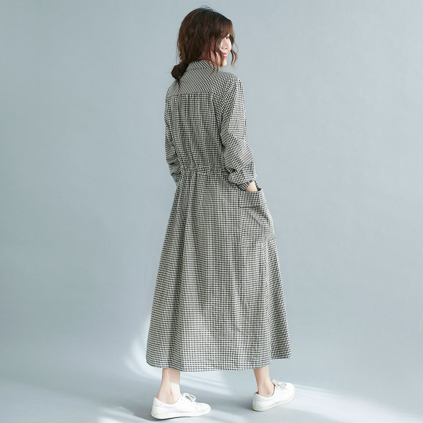 Plaid Midi Front Button Linen Shirt Dress with Pockets C211202