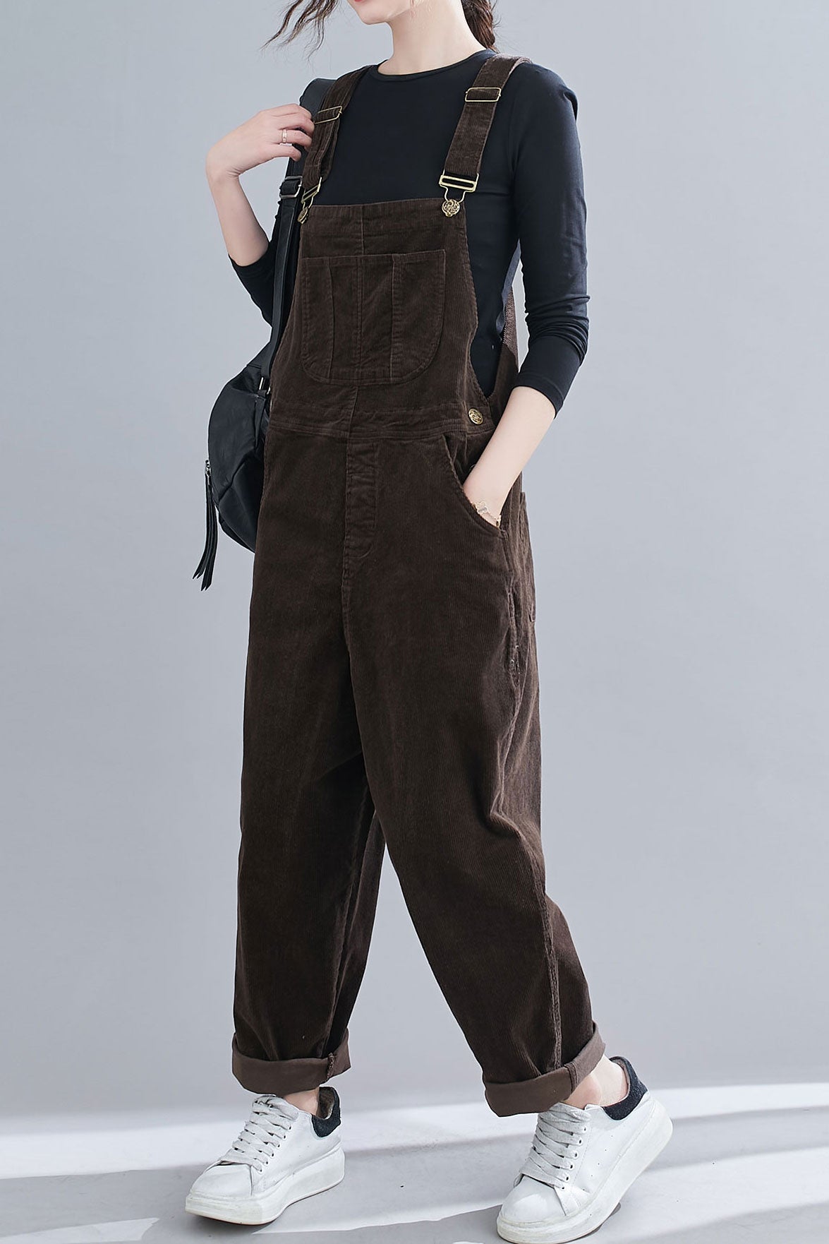 Retro Brown Corduroy Overalls Women C1830