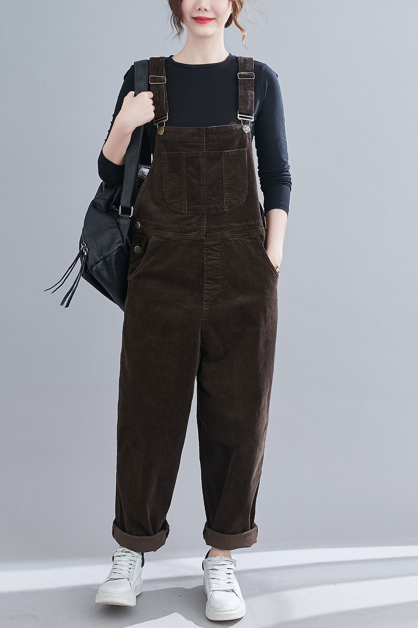 Retro Brown Corduroy Overalls Women C1830