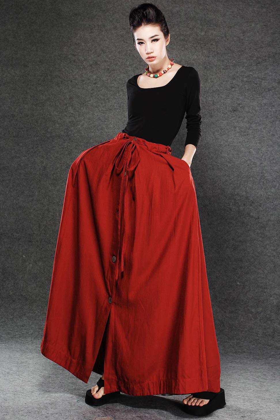 Casual linen drawstring maxi skirt C324#