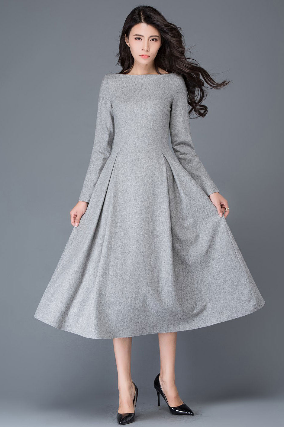 Princess Line grey wool dress C1026