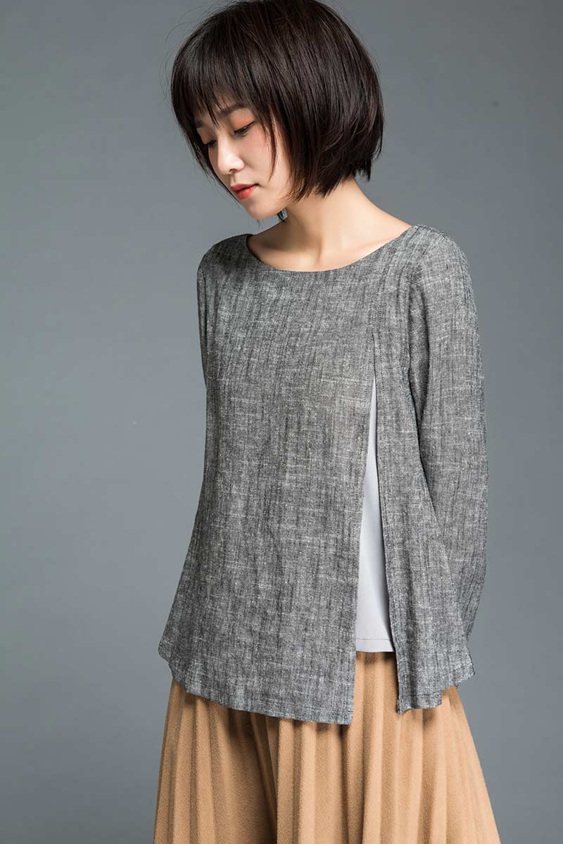 long sleeve linen blouse C1203#
