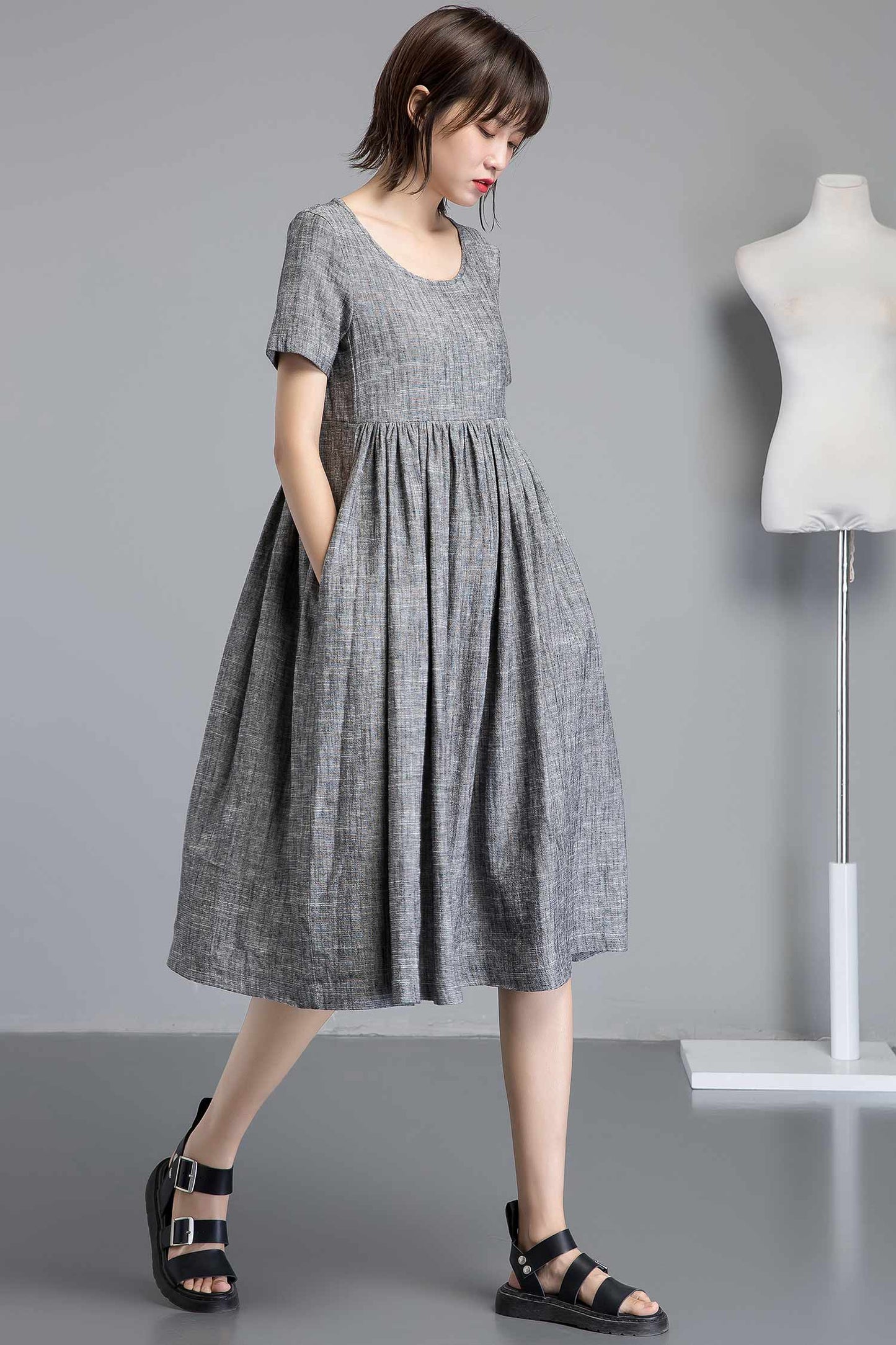 short sleeve linen midi dress C1254#