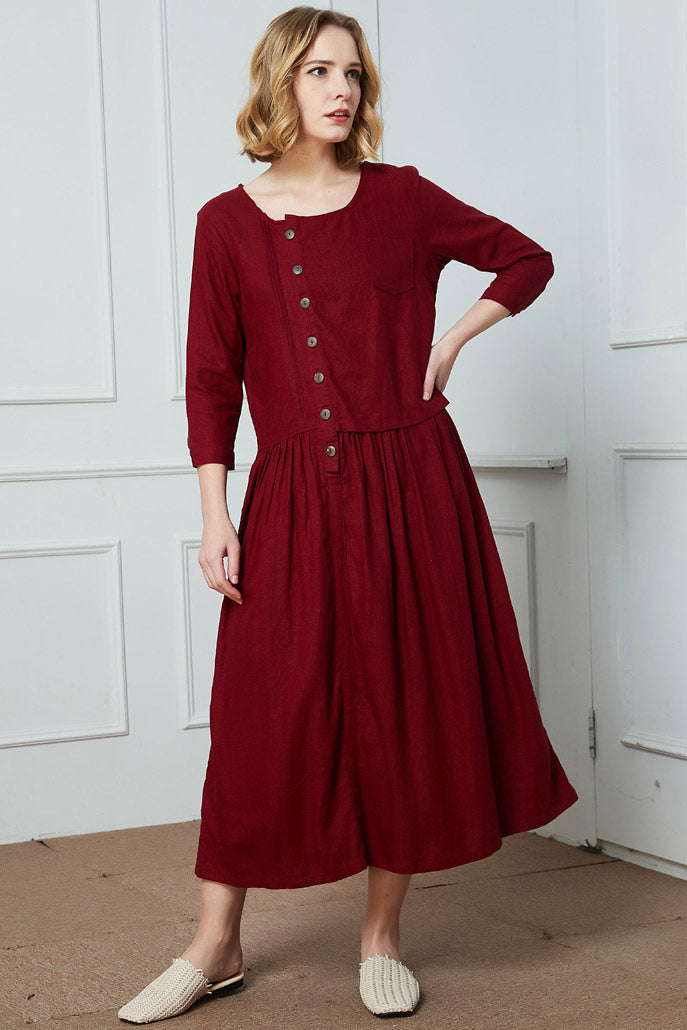 Burgundy Linen Blend Maxi Dress - Asymmetrical Button Front C1415