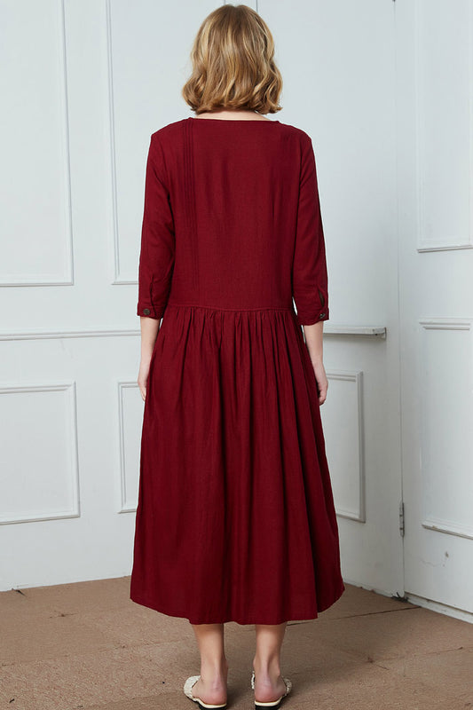 Burgundy Linen Blend Maxi Dress - Asymmetrical Button Front C1415