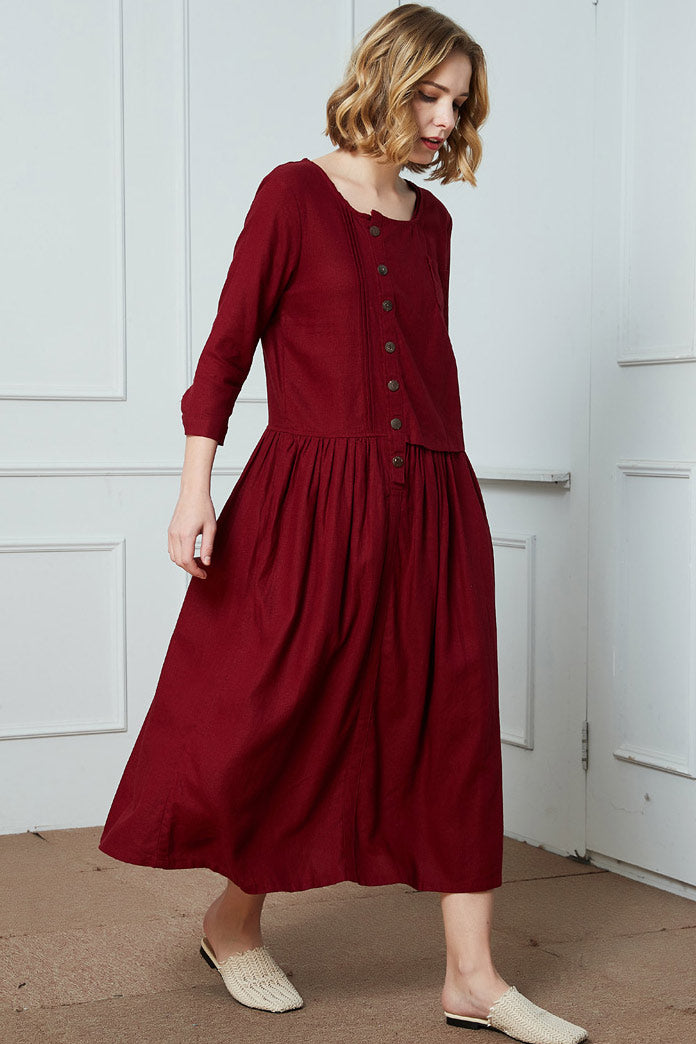 Burgundy Linen Blend Maxi Dress - Asymmetrical Button Front C1415
