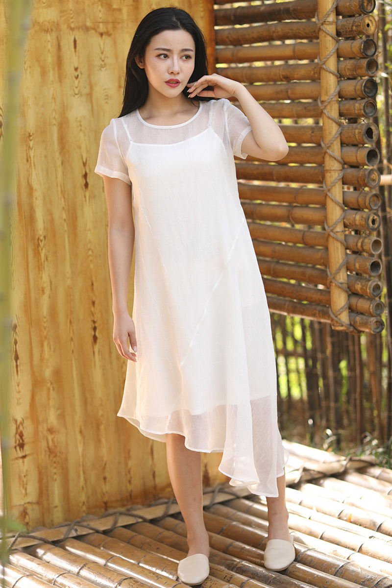 Chiffon In White Fashion Dresses With Ankle Length short Sleeves C1534