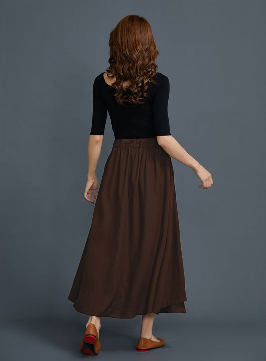Brown Linen Cotton Wrap Maxi Skirt - A-Line with Side Bow C1651