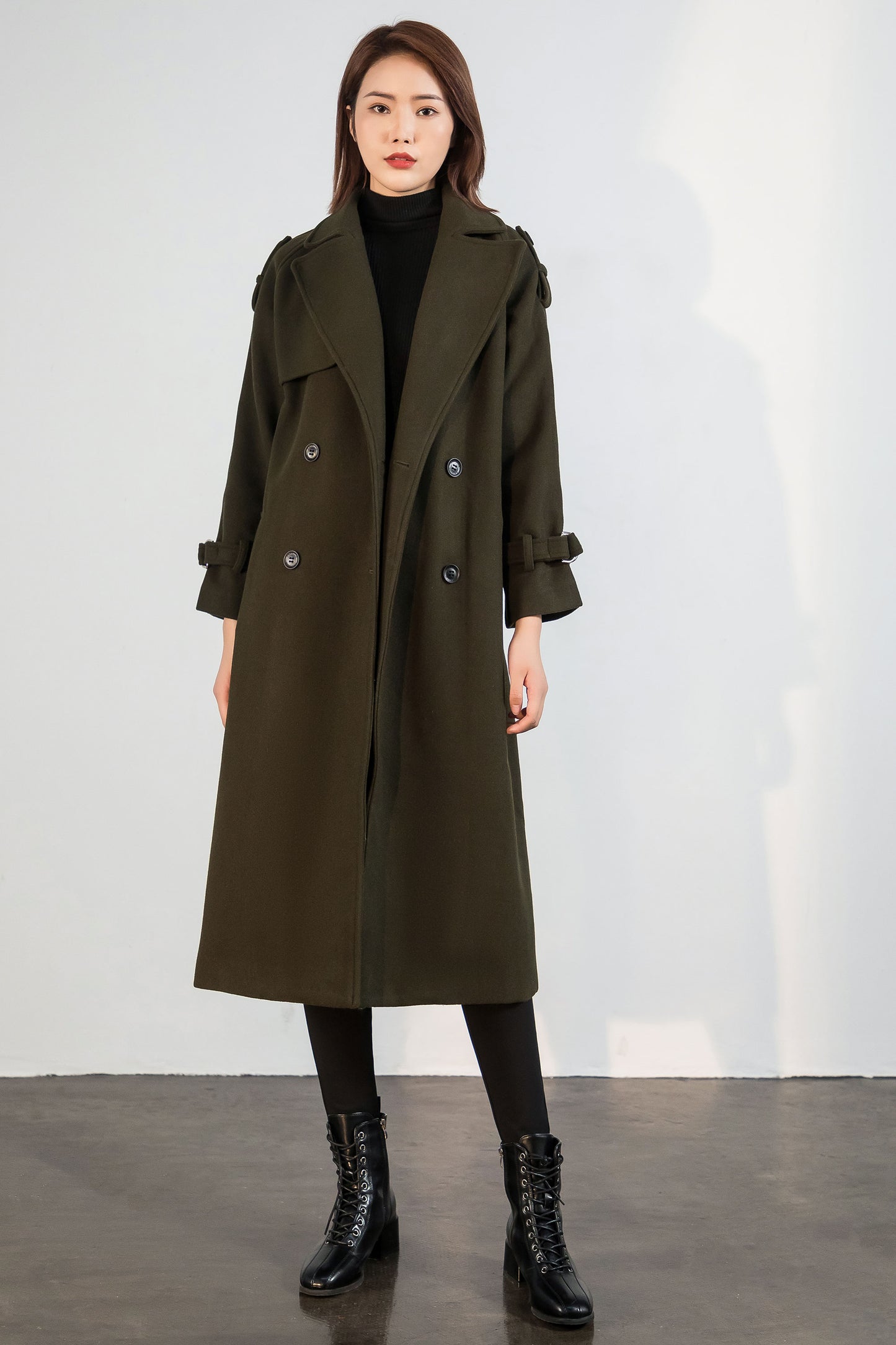 Army green wool maxi coat with self tie belt C1762