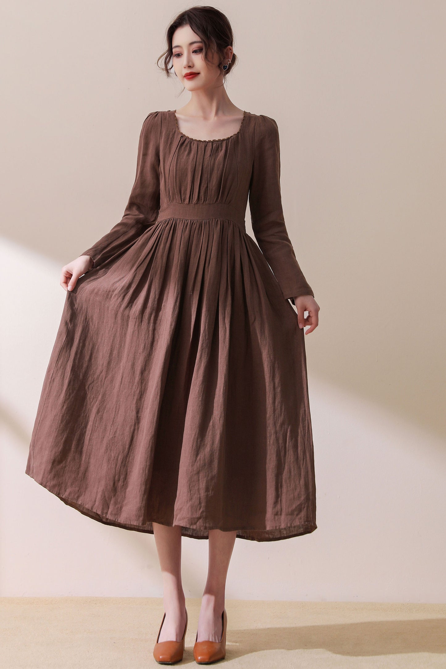 vintage inspired brown linen party dress C1776
