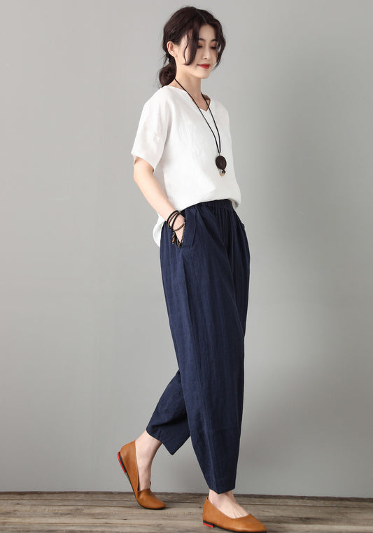 Blue Cotton Linen Pants - Elastic Waist, Relaxed Fit C1806