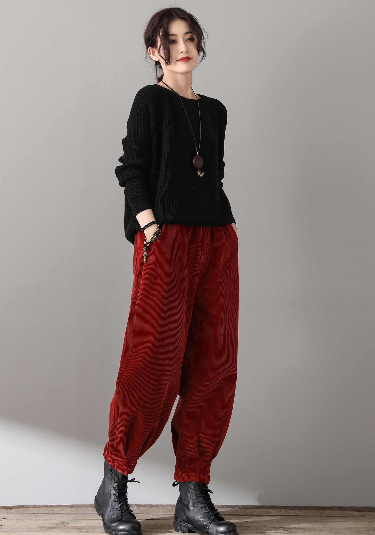 Red Casual High Waist Corduroy Pants C181101