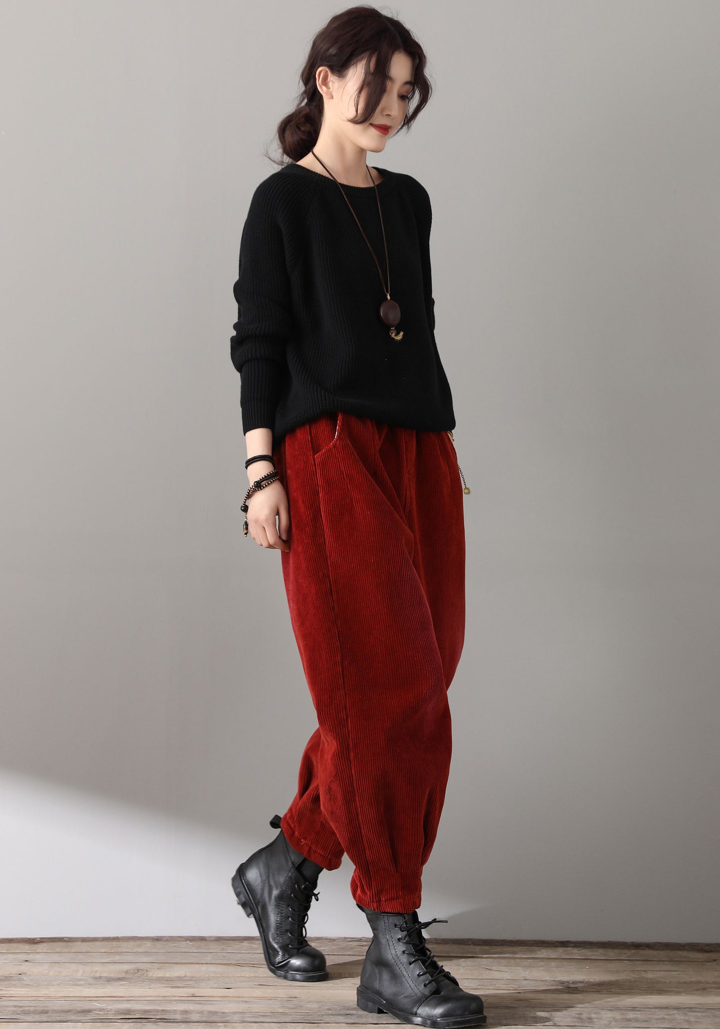 Red Casual High Waist Corduroy Pants C181101