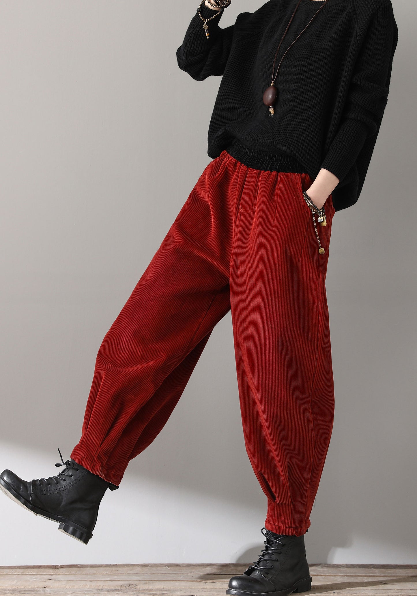 Red Casual High Waist Corduroy Pants C181101