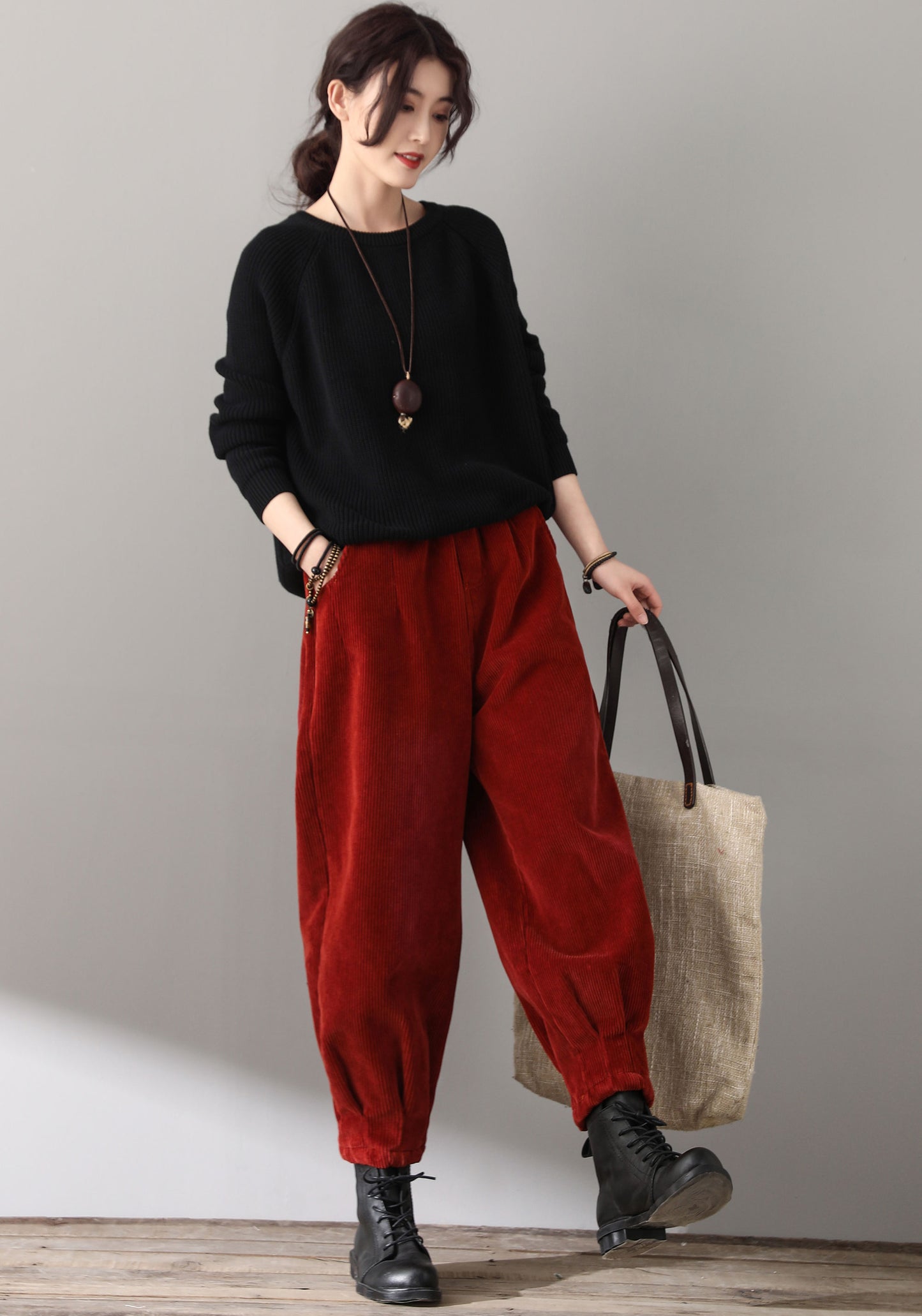 Red Casual High Waist Corduroy Pants C181101