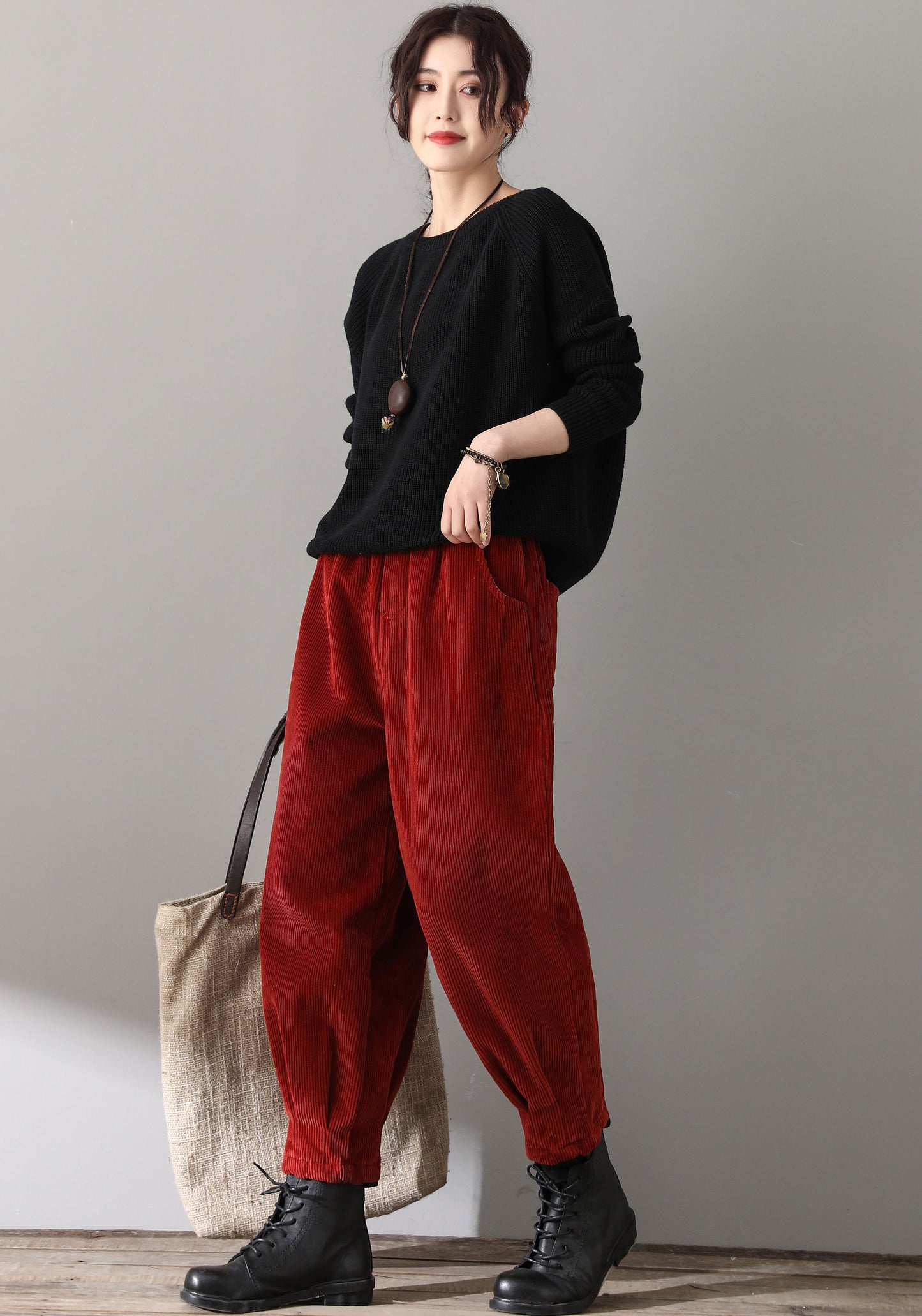 Red Casual High Waist Corduroy Pants C181101