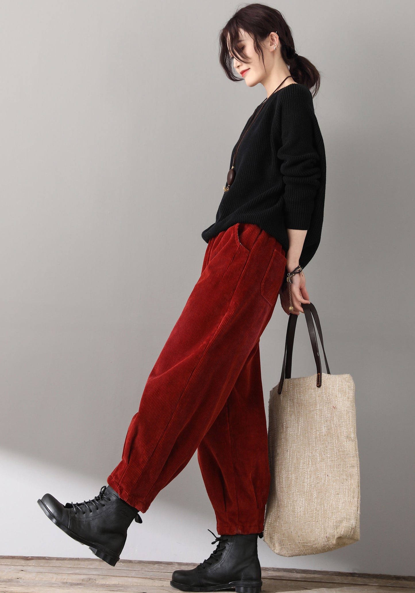 Red Casual High Waist Corduroy Pants C181101