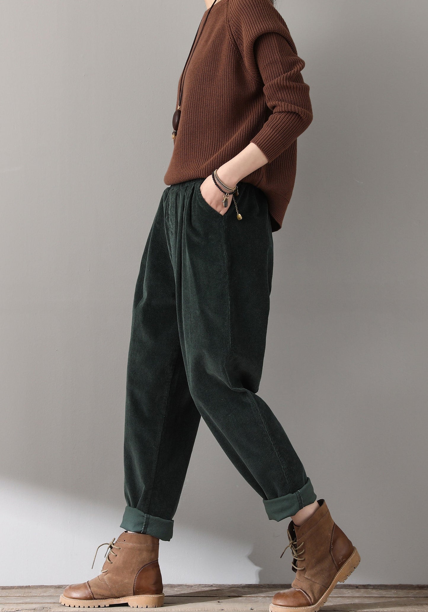 Women Elastic Waist Corduroy Pants C1814#