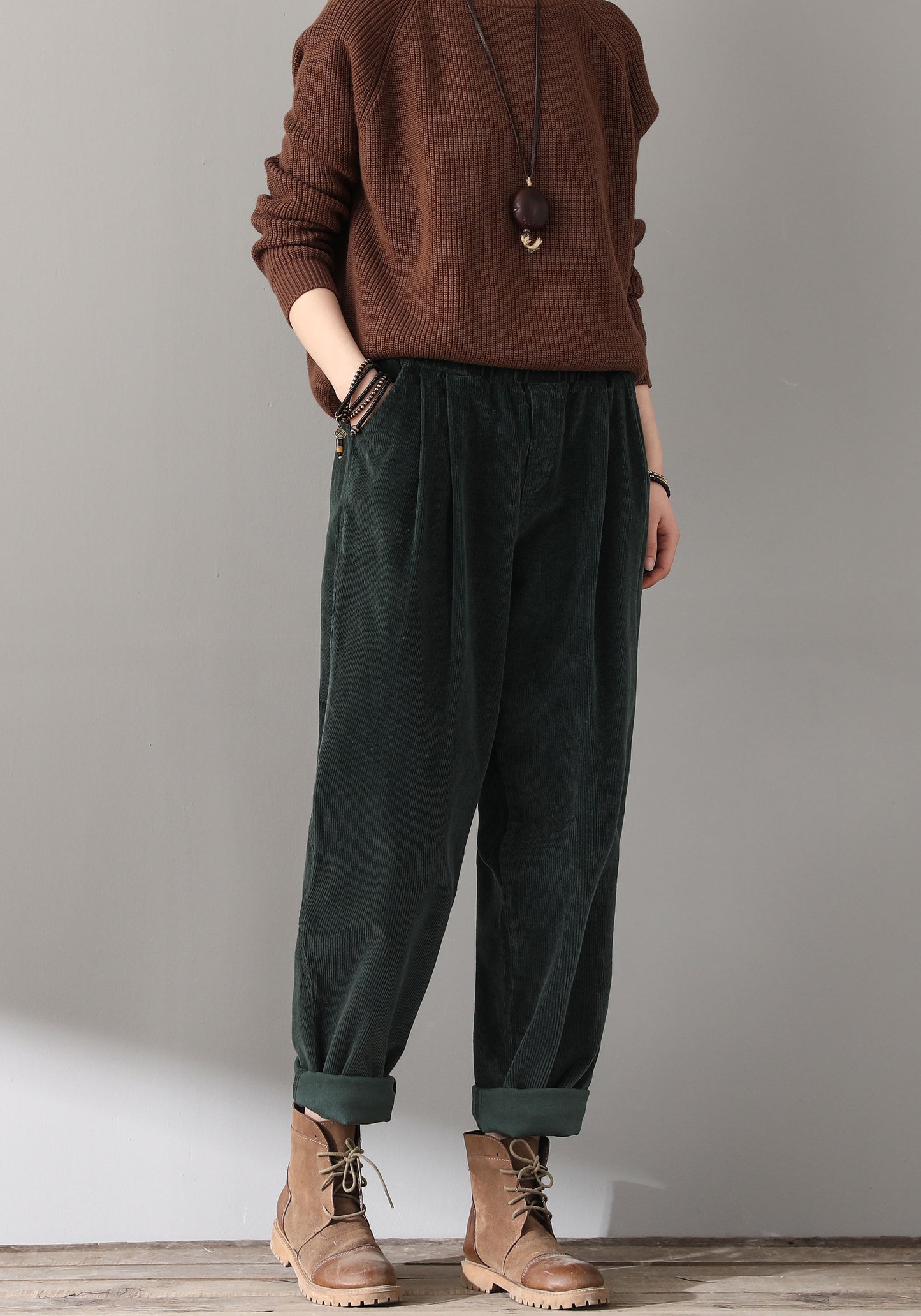 Green Elastic Waist Corduroy Pants C1814