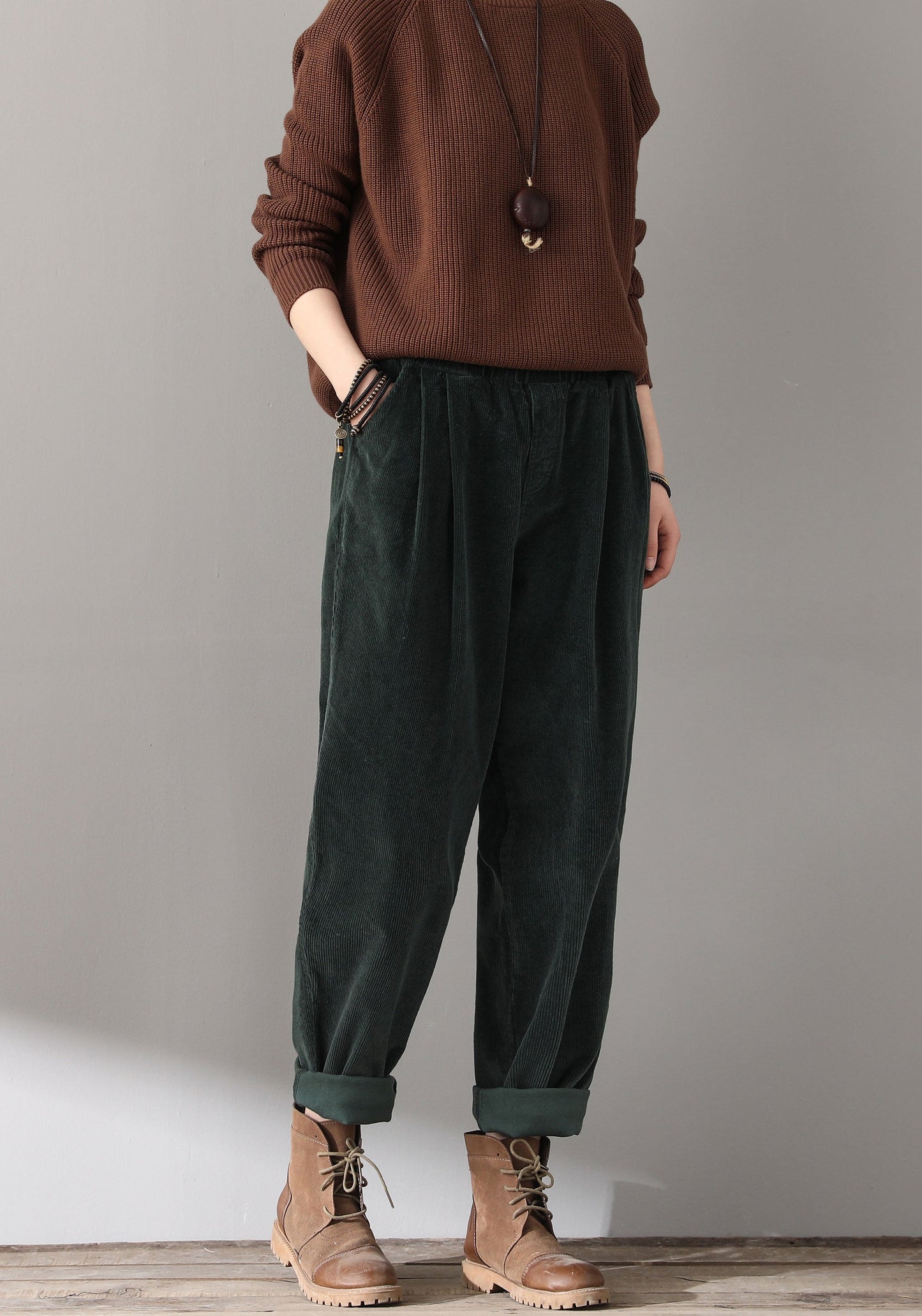 Women Elastic Waist Corduroy Pants C1814#