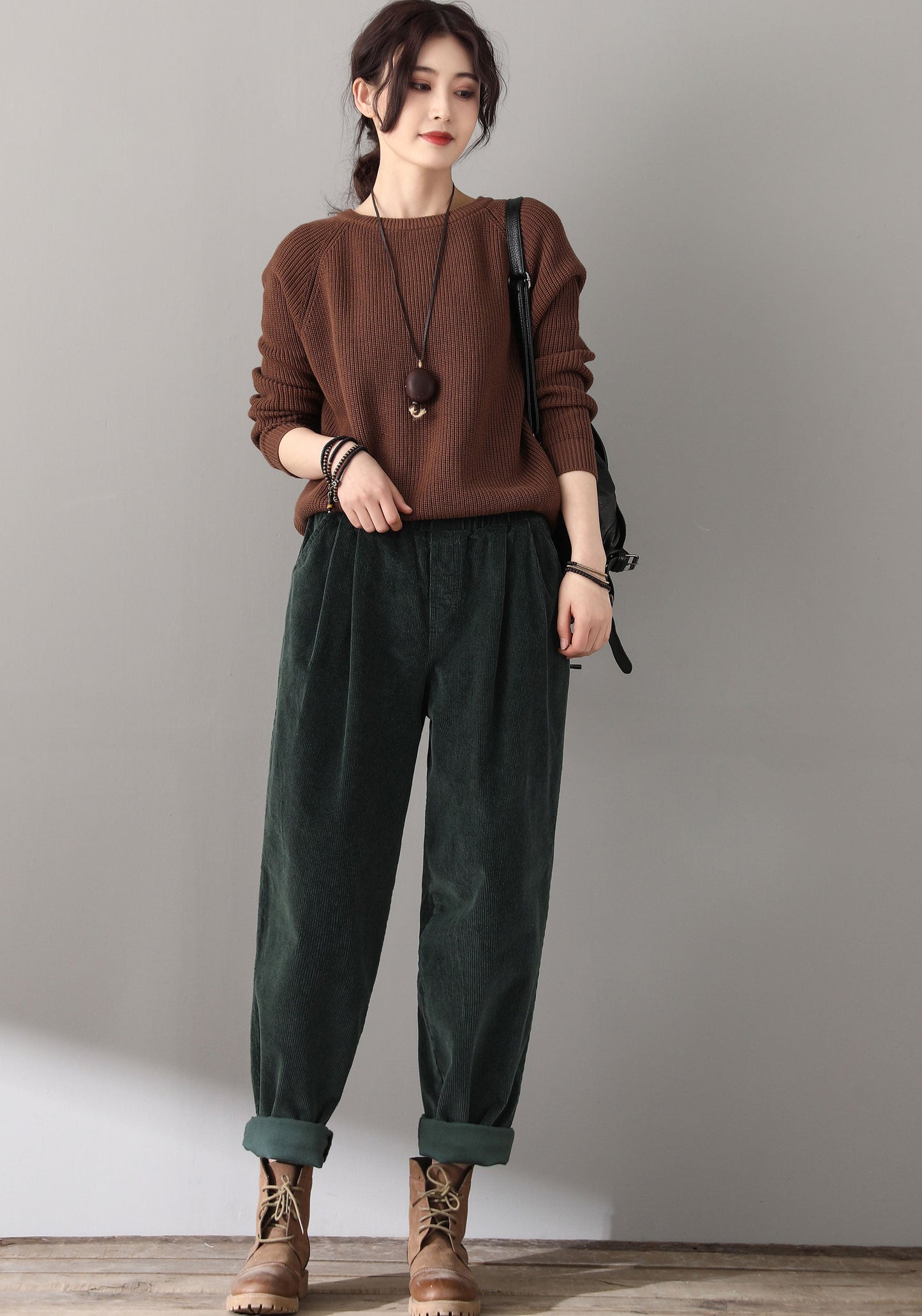 Women Elastic Waist Corduroy Pants C1814#