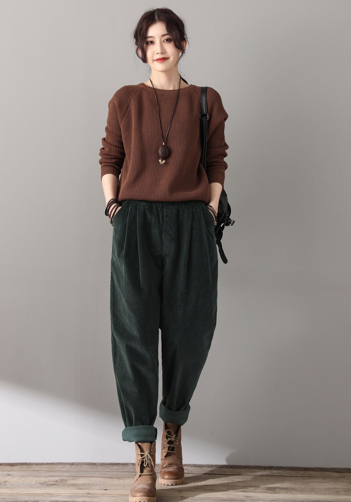 Women Elastic Waist Corduroy Pants C1814#