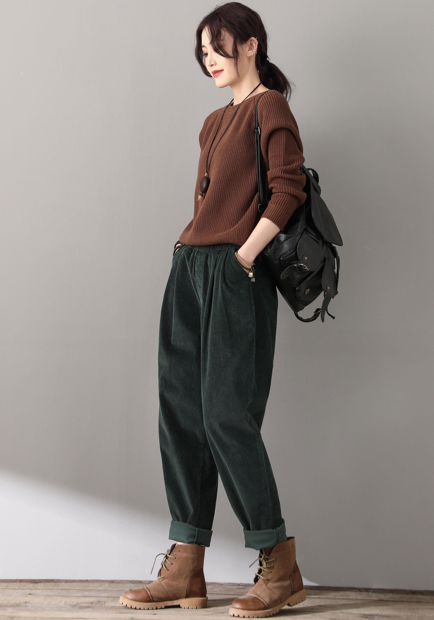 Women Elastic Waist Corduroy Pants C1814#