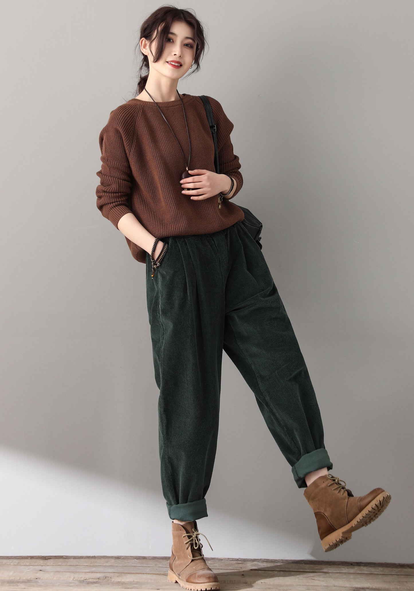 Women Elastic Waist Corduroy Pants C1814#