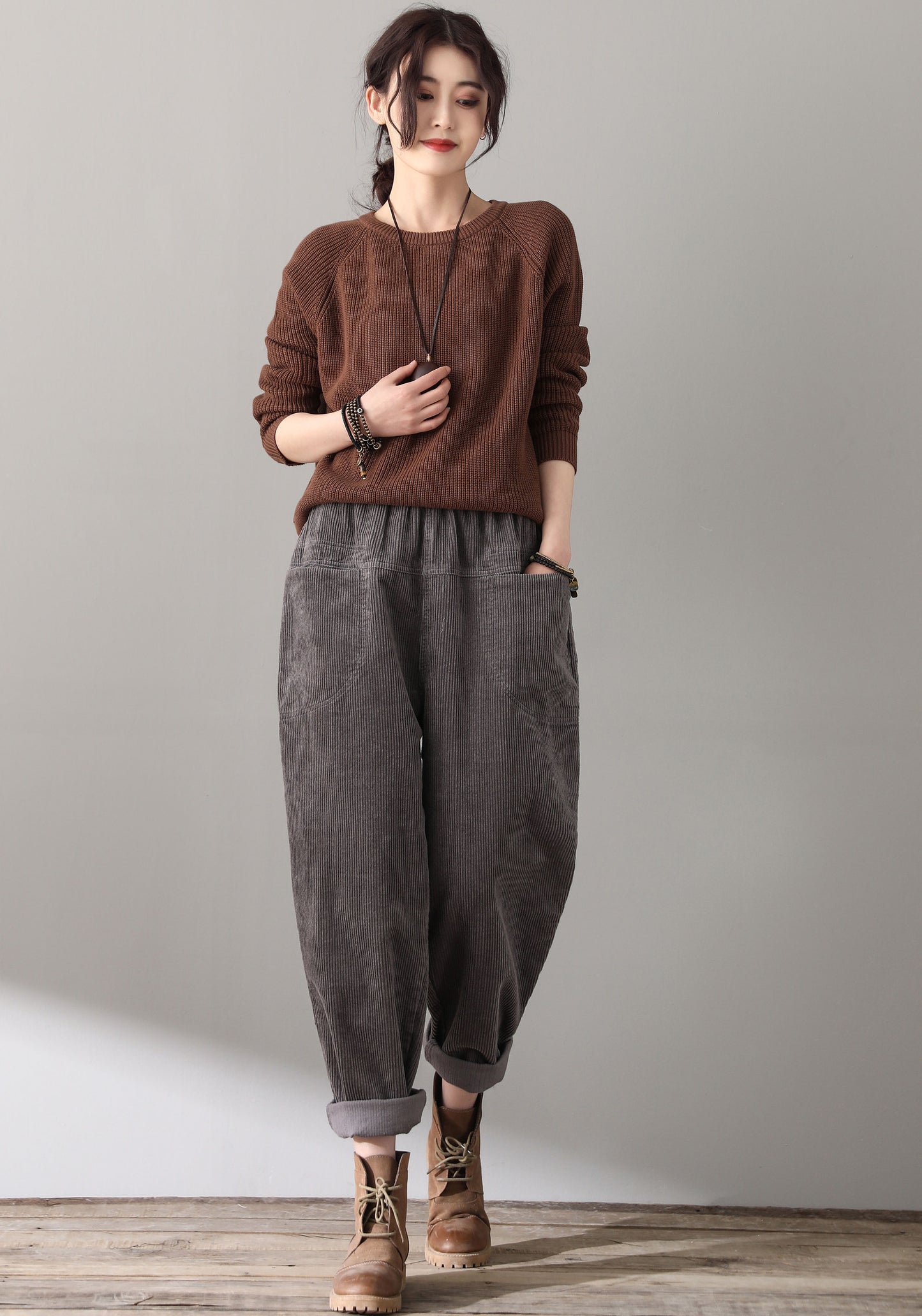 Gray Casual Elastic Waist Corduroy Pants C181501