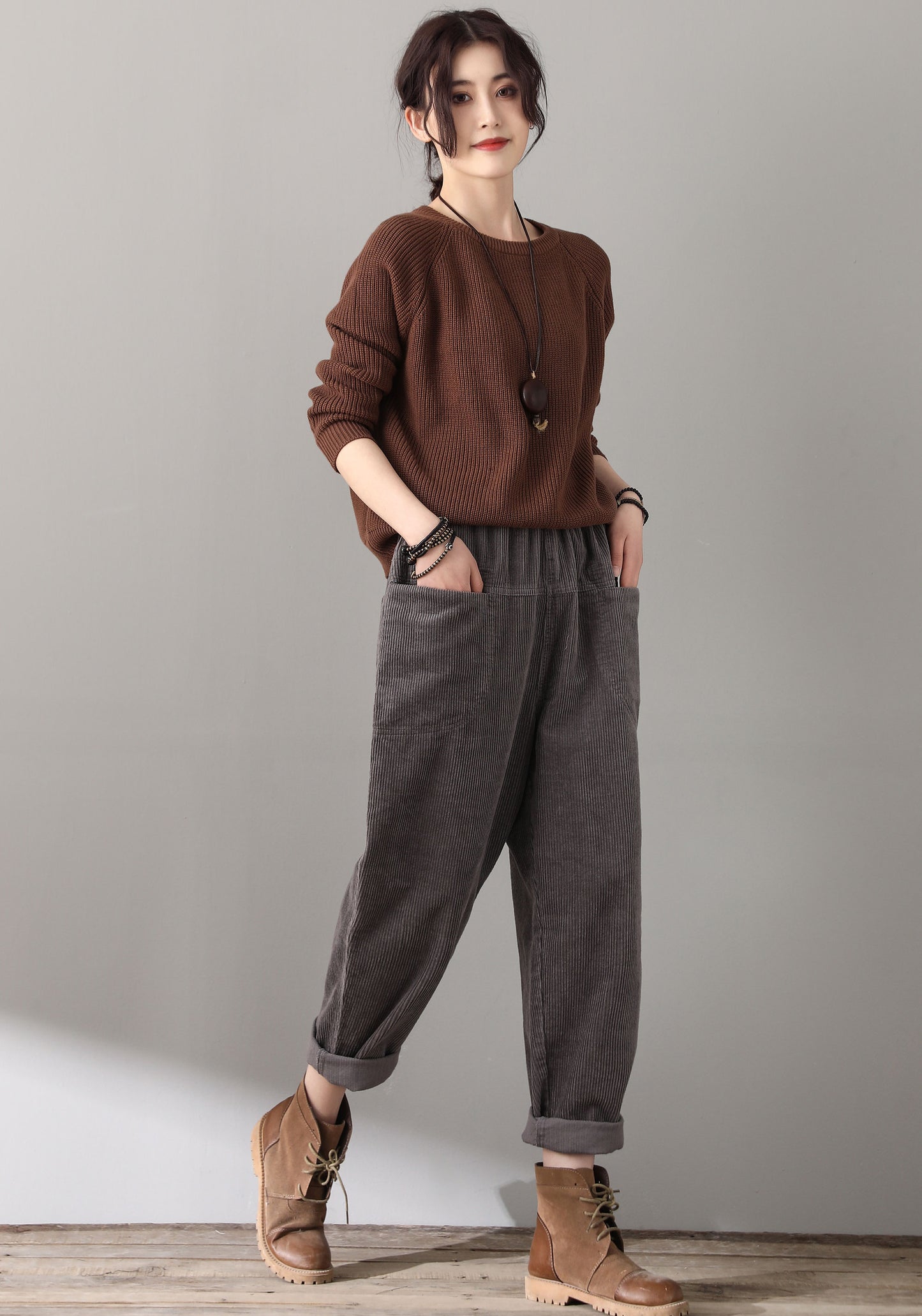 Gray Casual Elastic Waist Corduroy Pants C181501