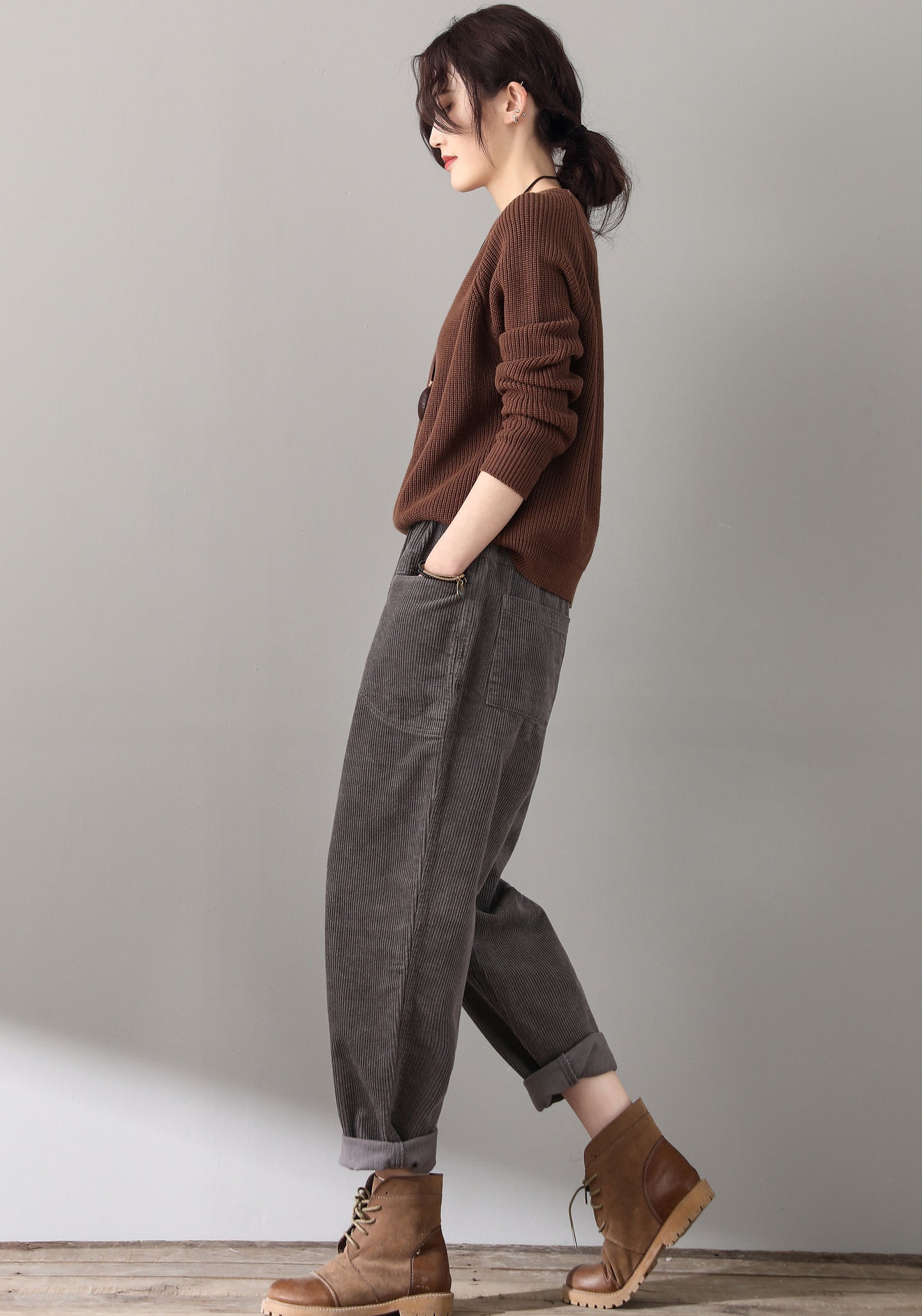 Gray Casual Elastic Waist Corduroy Pants C181501