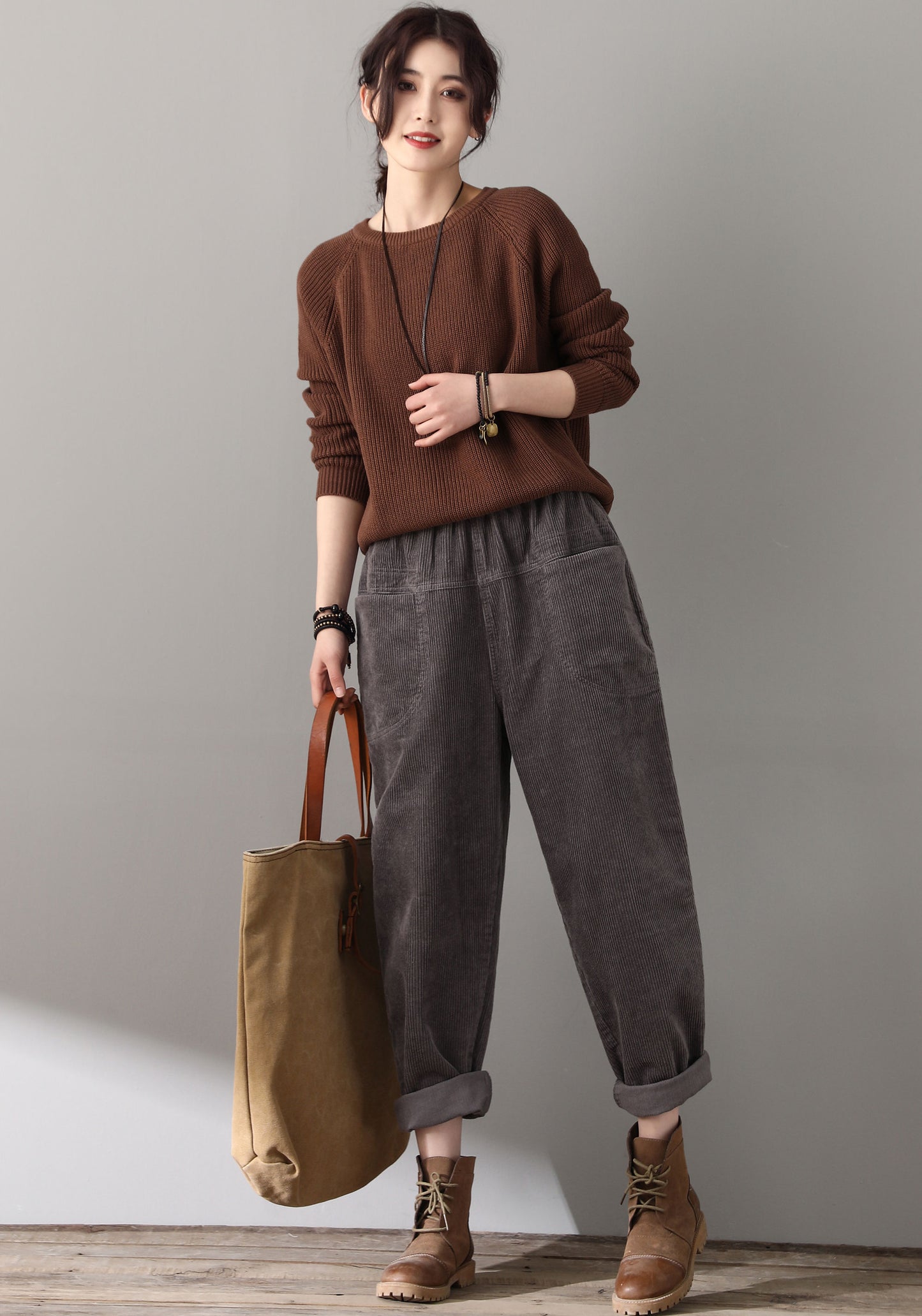 Gray Casual Elastic Waist Corduroy Pants C181501