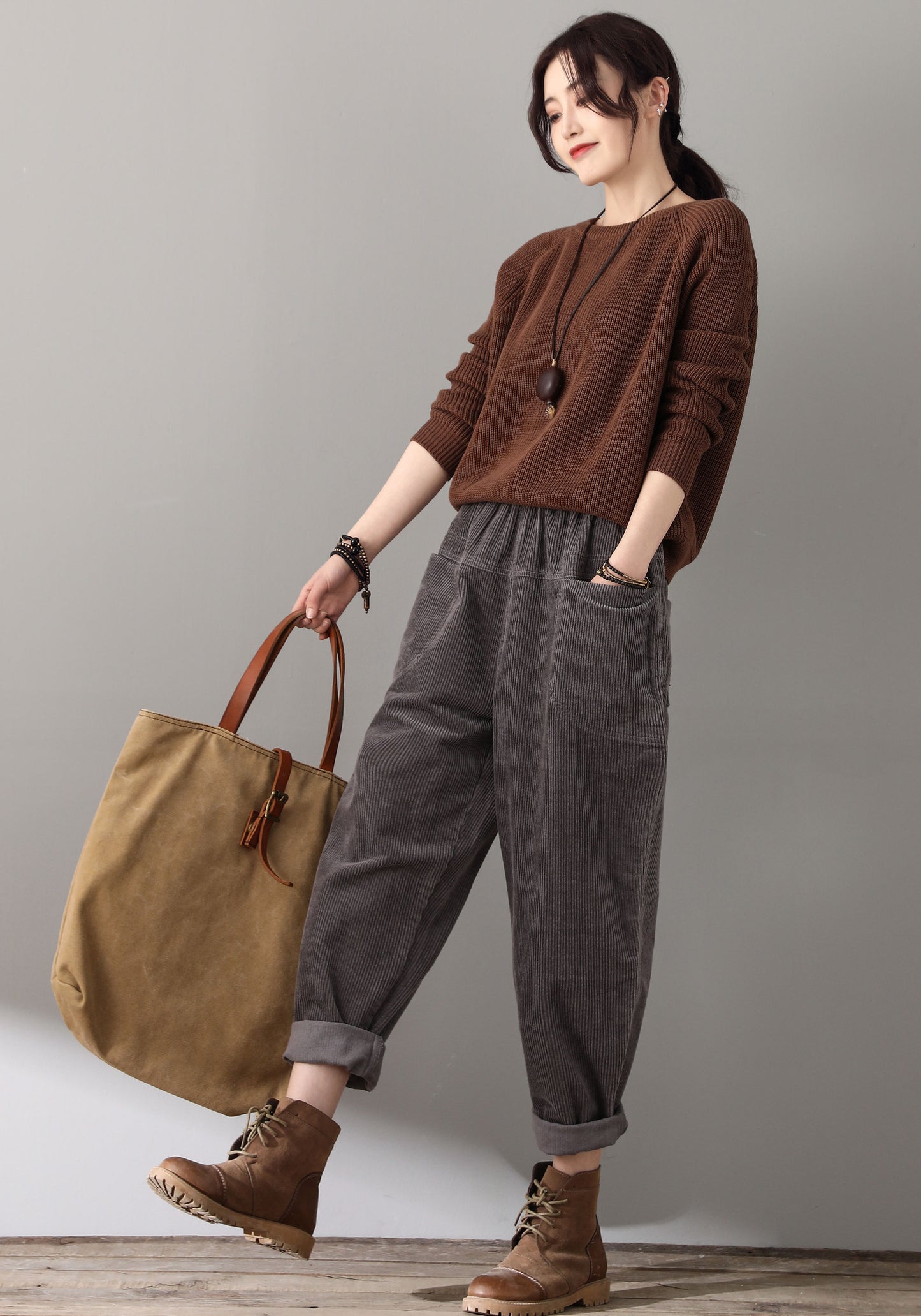 Gray Casual Elastic Waist Corduroy Pants C181501