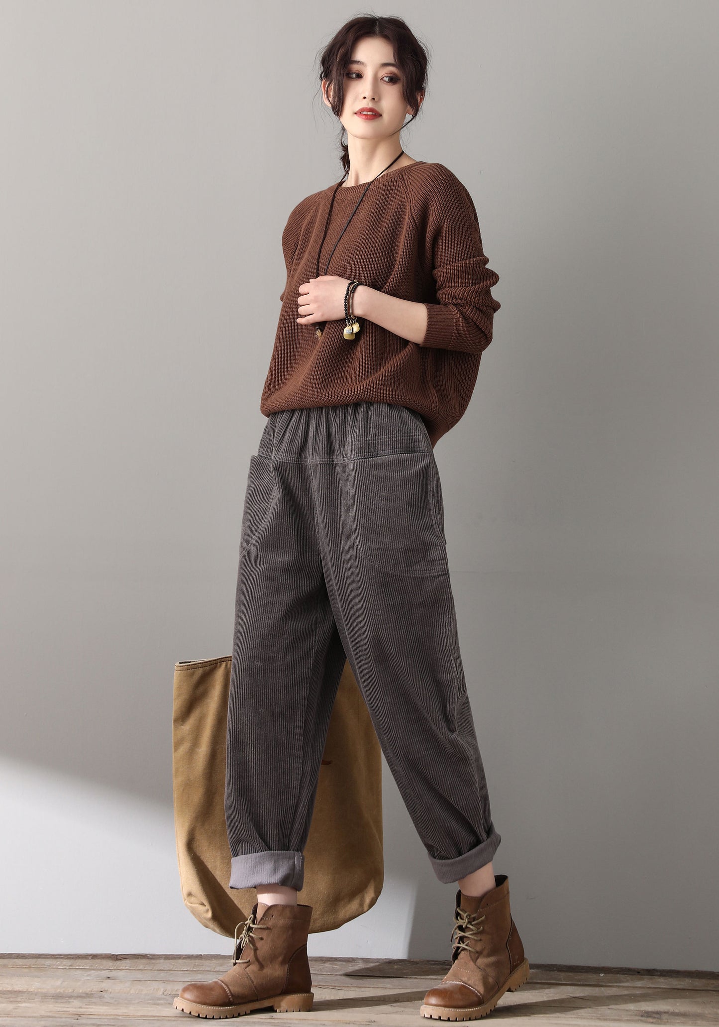 Gray Casual Elastic Waist Corduroy Pants C181501