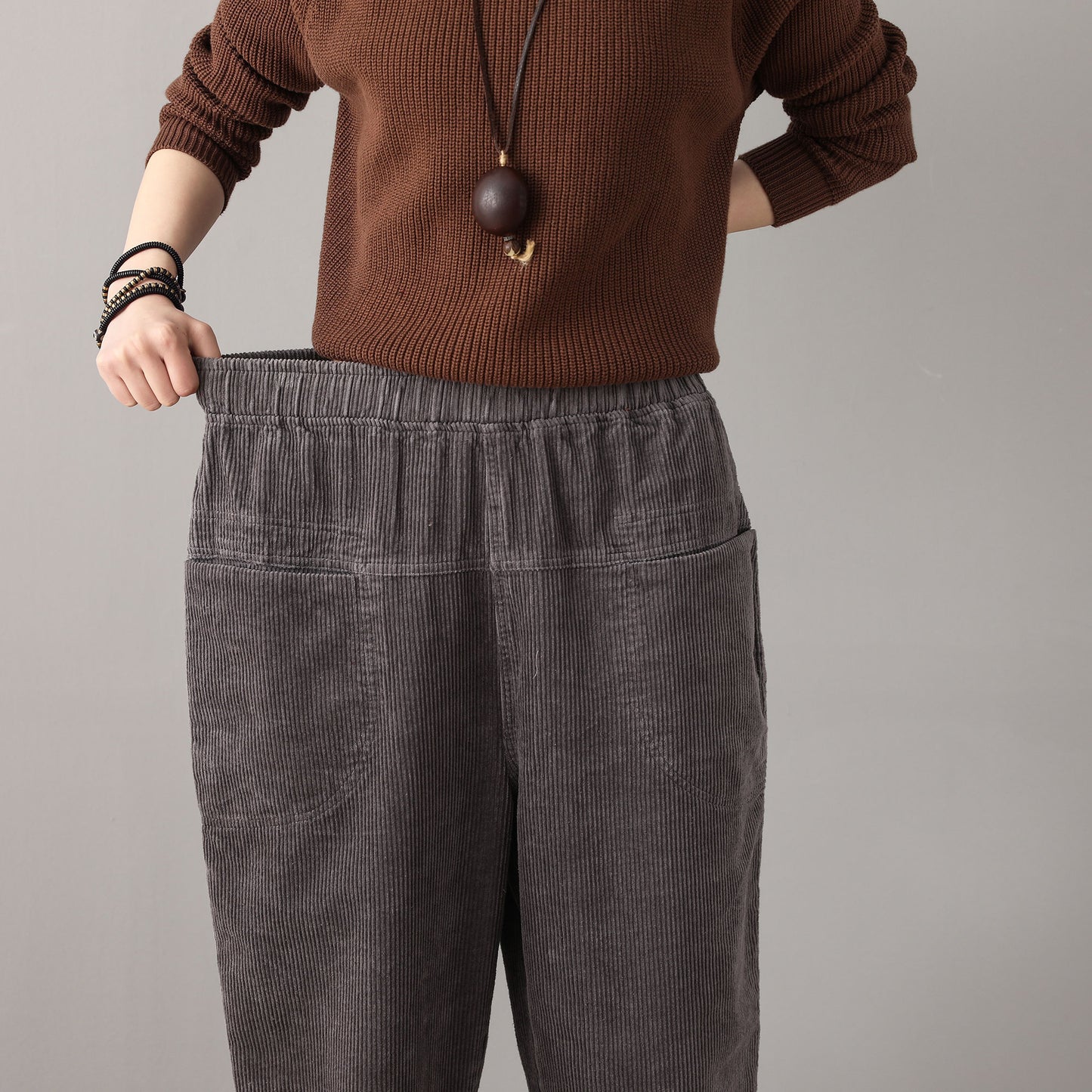 Gray Casual Elastic Waist Corduroy Pants C181501
