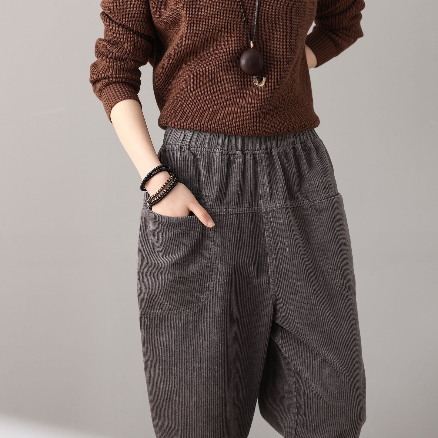 Gray Casual Elastic Waist Corduroy Pants C181501