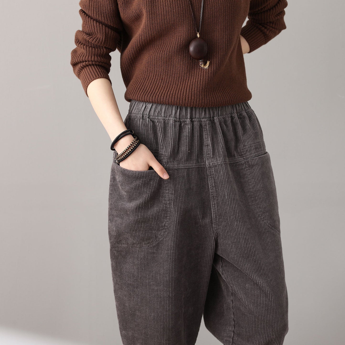 Casual Elastic Waist Corduroy Pants C1815#