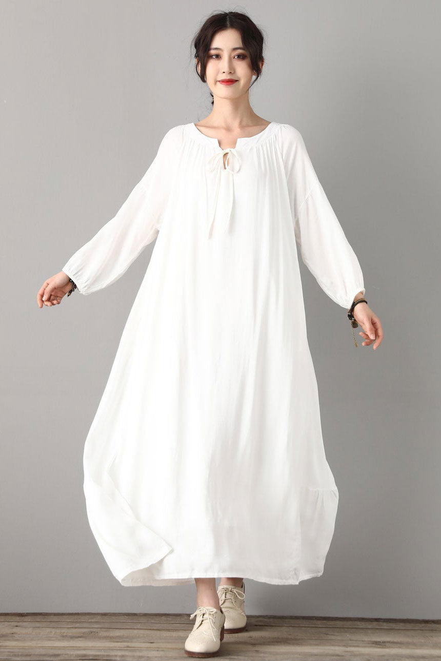 long sleeve white linen dress for women C1823