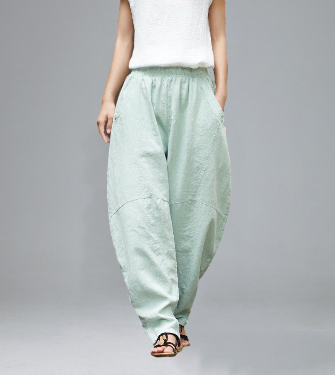Casual Elastic Waist Linen Pants C1857