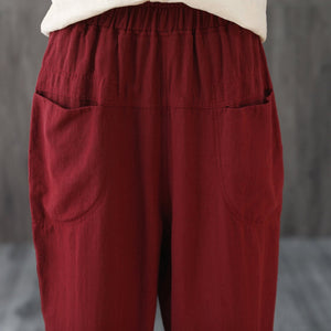 Women Elastic Waist Cropped Linen Pants C1866