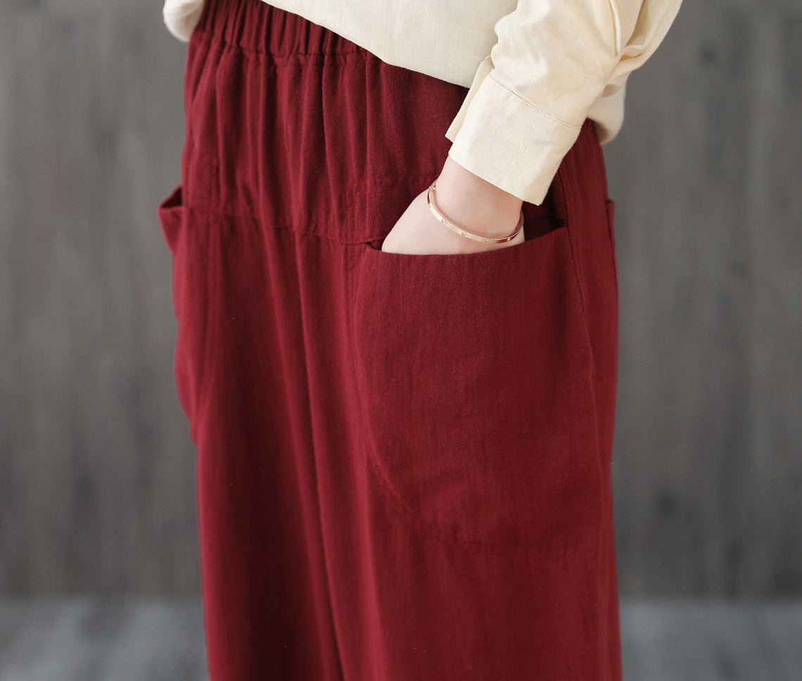 Women Elastic Waist Cropped Linen Pants C1866