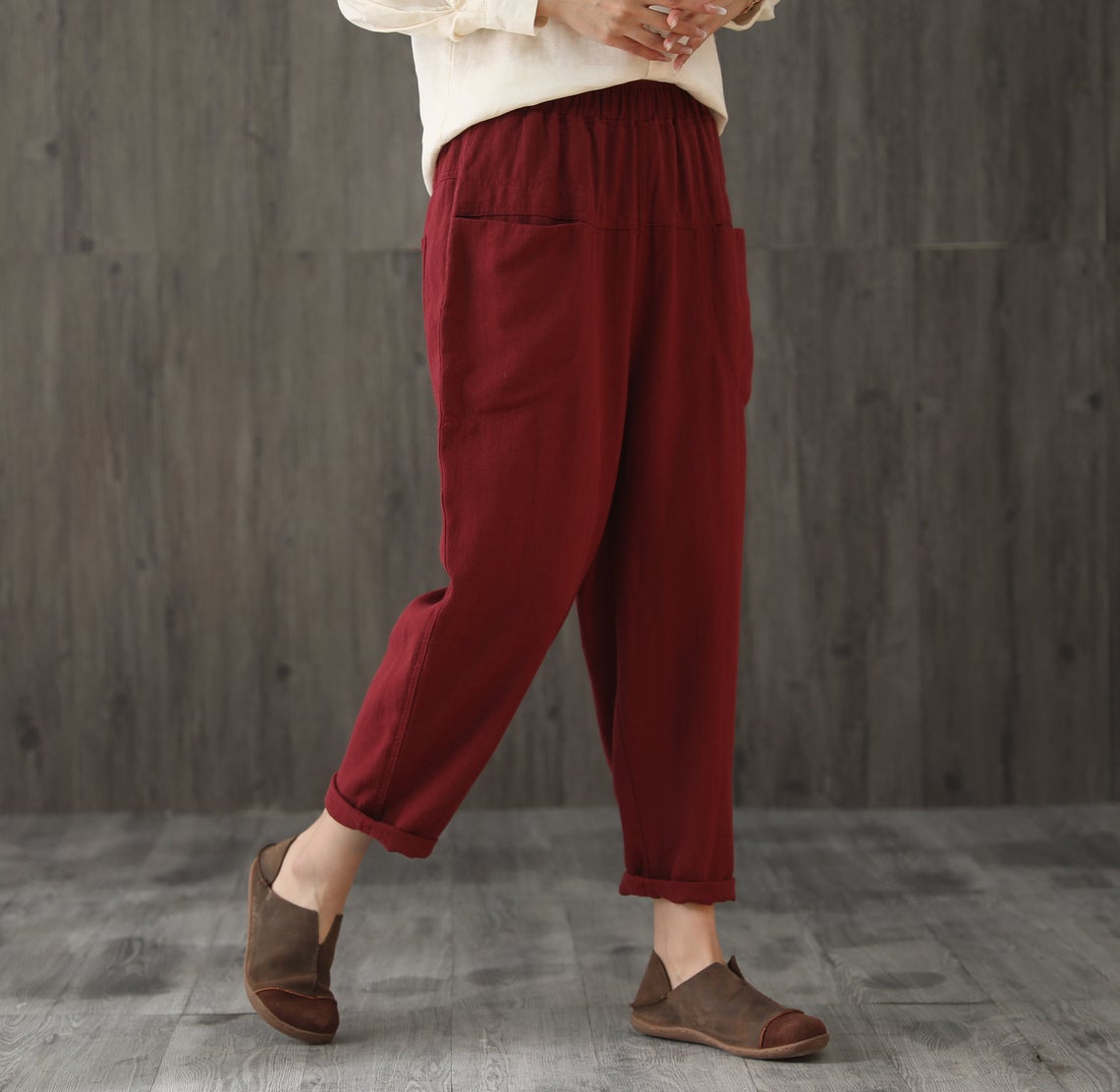 Women Elastic Waist Cropped Linen Pants C1866