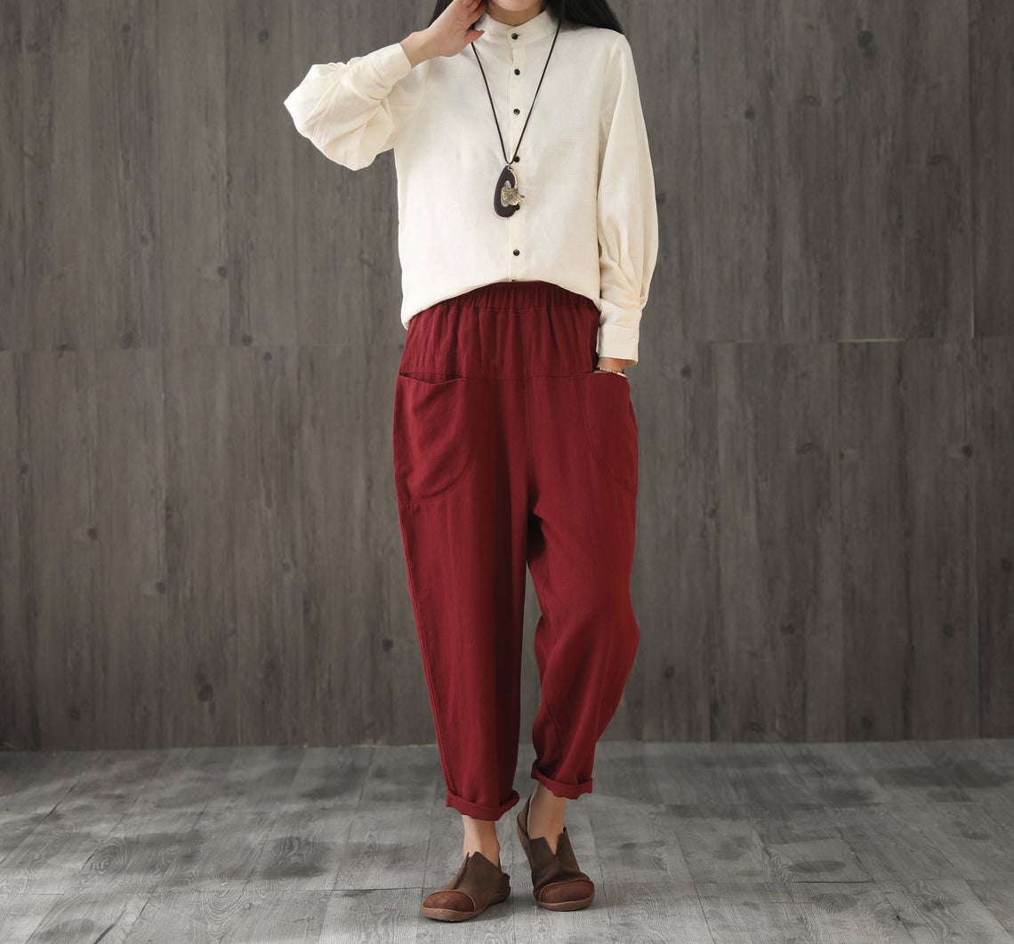 Women Elastic Waist Cropped Linen Pants C1866