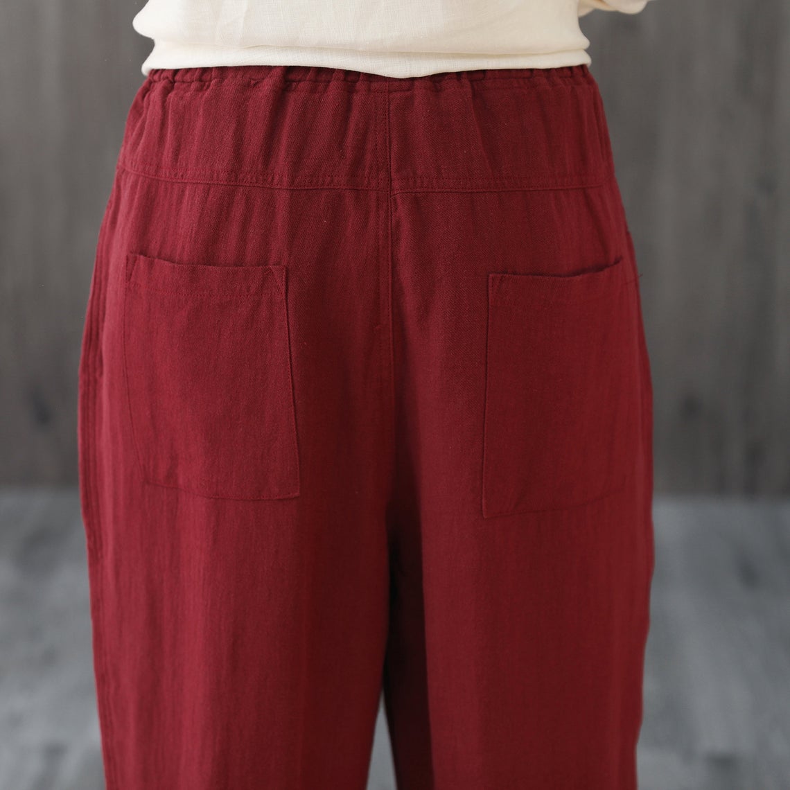 Women Elastic Waist Cropped Linen Pants C1866