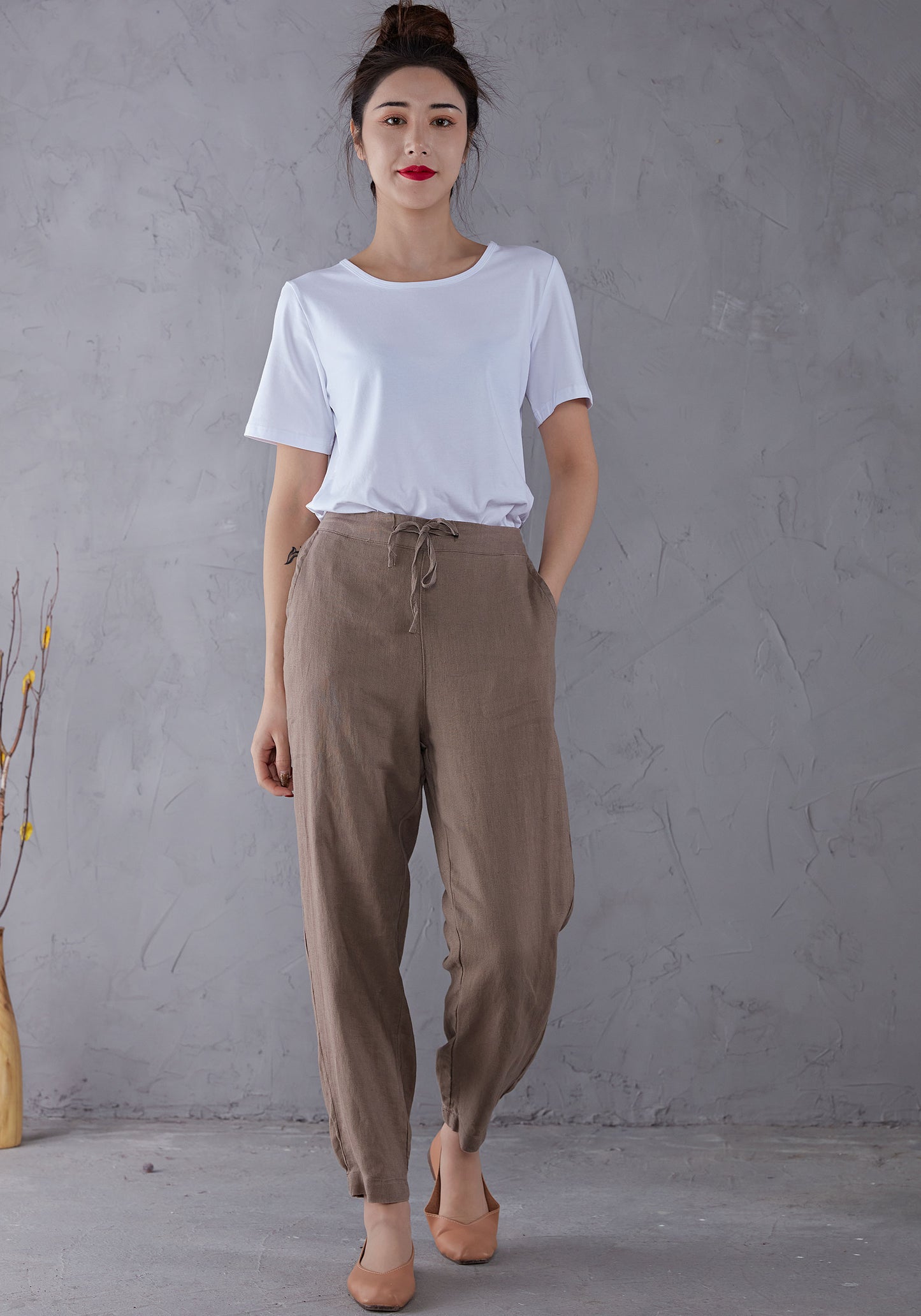 Elastic Waist Minimalist Linen Pants C1902