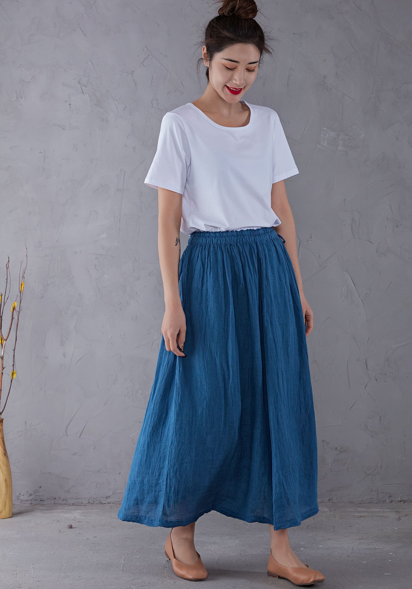 Blue Elastic Waist Linen Swing Skirt C1903